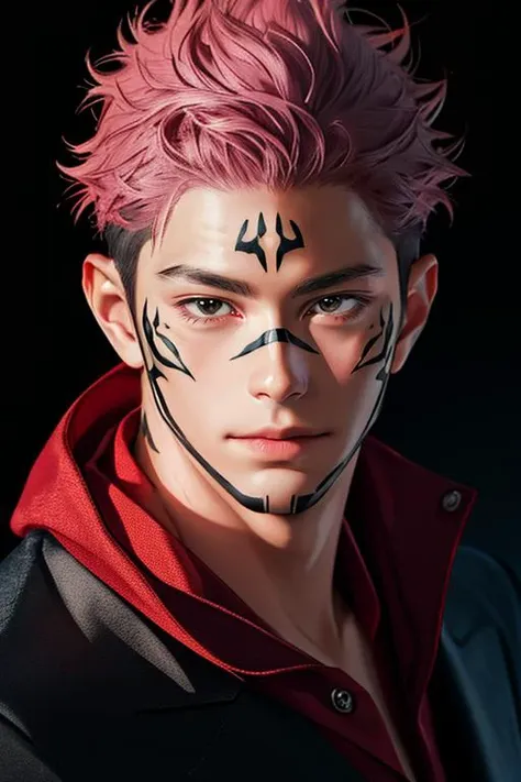 sukuna,pink hair,tattoo_ryoumen,tattoo_on_his_face,wearing black and red jacket,<lora:sukuna:0.7>,
Professional photography,depth of field,85 mm,realism,hyperrealism,
RAW,phenomenal aesthetics,luxurious graphics (masterpiece, best quality:1.3),Backlight,Intricate details,
Intricate,Detailed,Perfect composition,Intricate details,Masterpiece,