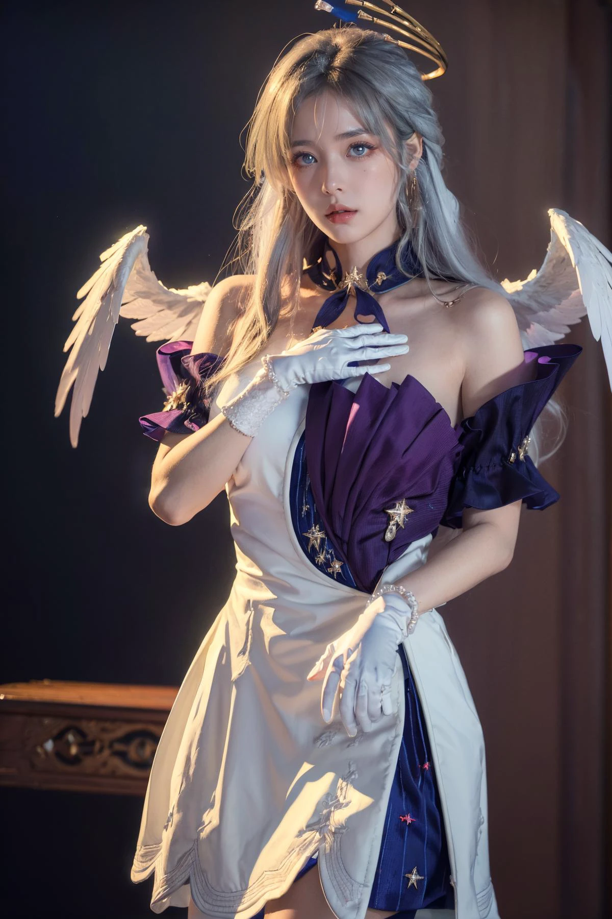 (Best Quality, Masterpiece:1.4), (Realism:1.2), (Realisitc:1.2), (Absurdres:1.2), (photorealistic:1.3), Realistic Skin,Solo,( Very Big Eyes,beautiful detailed eyes, symmetric eyes,), ((cowboy shot)), robin, head wings, halo, white gloves, pearl bracelet, cowboy shot, singing, music, reaching towards viewer, hand on own chest, , foreshortening, <lora:robin-str-v1cl:0.9>,