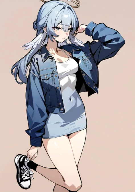 ((masterpiece,best quality)), 1girl, solo, robin, halo, head wings, Midi dress, denim jacket, and sneakers., simple background, <lora:robin-strXL-v1a-000008:0.8>