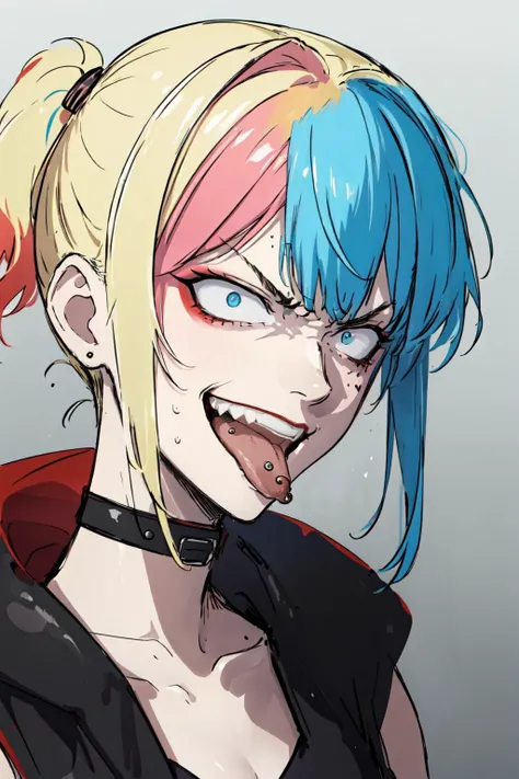 <lora:HaleyQuinn:.5>, harley quinn, small breasts, midriff, detached sleeves, angry, open mouth, tongue,  <lyco:tongue piercing:1.0> tongue piercing, portrait, laughing, <lora:Constricted PupilsV3:1>, "constricted pupils, small pupils"