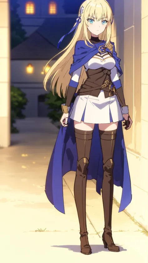 eris, (((1woman))), blonde hair, blue eyes, blue ribbon in hair, knight outfit, blue cape, brown leather boots, sitting in a café, 8k,16k, trending on pixiv, fanbox, skeb, masterpiece, detailed face, smooth soft skin, beautiful intricate colored hair, digital painting, (((medieval fantasy background))), <lora:eris:0.7>
