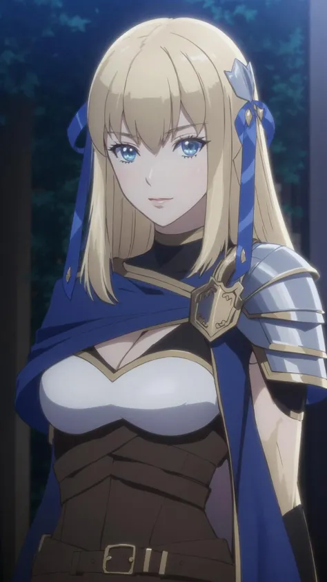 eris, (((1woman))), blonde hair, blue eyes, blue ribbon in hair, knight outfit, gray metal shoulder pauldron, blue cape, 8k,16k, trending on pixiv, fanbox, skeb, masterpiece, detailed face, smooth soft skin, beautiful intricate colored hair, digital painting, <lora:eris:0.7>