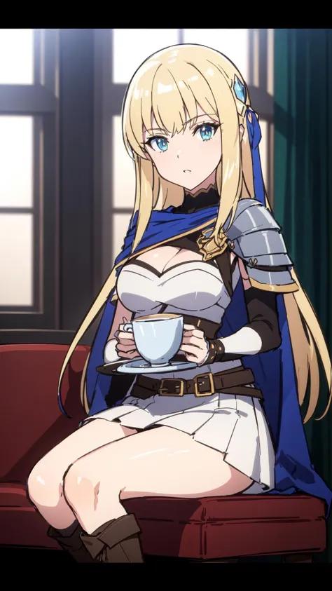 eris, (((1woman))), blonde hair, blue eyes, blue ribbon in hair, knight outfit, gray metal shoulder pauldron, blue cape, brown leather boots, sitting in a café, holding a white cup, 8k,16k, trending on pixiv, fanbox, skeb, masterpiece, detailed face, smooth soft skin, beautiful intricate colored hair, digital painting, <lora:eris:0.7>