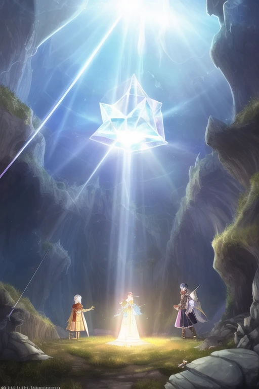 a rpg party investigating a beautiful floating magic crystal, close up, looking close at the camera, smiling at viewer, background is a crystal cavern, masterpiece, best quality, god rays, archer, thief, art by wlop <hypernet:incaseA3_v18000Steps:0.5>, highly detailed clothing and weapons