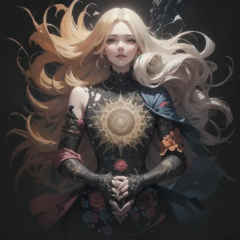 <lora:edgInfluencerDollLikeness:0.7>, blonde, edgInf_woman, edgInf_face, edgInf_body, light smile, official art, unity 8k wallpaper, ultra detailed, beautiful and aesthetic, masterpiece, best quality, (zentangle, mandala, tangle, entangle), (fractal art:1.3), 1girl, extremely detailed, dynamic angle, cowboyshot, the most beautiful form of chaos, elegant, a brutalist designed, vivid colours, romanticism, by james jean, roby dwi antono, ross tran, francis bacon, michal mraz, adrian ghenie, petra cortright, gerhard richter, takato yamamoto, ashley wood, atmospheric, ecstasy of musical notes, streaming musical notes visible