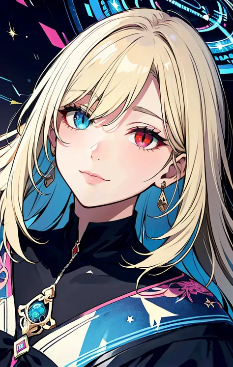 <lora:edgInfluencerDollLikeness:0.7>, blonde, edgInf_woman, edgInf_face, edgInf_body, light smile, official art, unity 8k wallpaper, ultra detailed, beautiful and aesthetic, masterpiece, best quality, (zentangle, mandala, tangle, entangle), (fractal art:1.3), 1girl, extremely detailed, dynamic angle, cowboyshot, the most beautiful form of chaos, elegant, a brutalist designed, vivid colours, romanticism, by james jean, roby dwi antono, ross tran, francis bacon, michal mraz, adrian ghenie, petra cortright, gerhard richter, takato yamamoto, ashley wood, atmospheric, ecstasy of musical notes, streaming musical notes visible, blue and red eyes, <lora:koreanDollLikeness:0.7>, <lora:slitpupils:1>, slit pupils, incrsslitpupil, two eye colors, Heterochromia, Heterochromia eyes