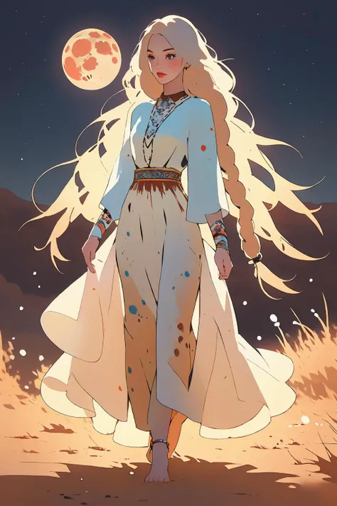 splatter, drawing of a woman dancing, gypsy, glitter and stars on her (long blond braid) in front of a full moon with blue splots, circle, crescent moon, full moon, doncing, tibetian fashion, long skirt, colourful, woman focus, moon, moonlight, night, night sky, planet, red moon, sky, solo, sun, bare foot, swirling, (best quality:1.27), (masterpiece:1.27), (highres:1.20) (digital illustration:1.20), (manga-art:1.25), detailed face, eyes and hands, <lora:绪å¿-æ°ææé¥° National costume:1>