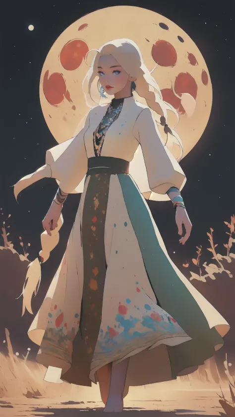 splatter, drawing of a woman dancing, gypsy, glitter and stars on her (long blond braid) in front of a full moon with blue splots, circle, crescent moon, full moon, doncing, tibetian fashion, long skirt, colourful, woman focus, moon, moonlight, night, night sky, planet, red moon, sky, solo, sun, bare foot, swirling, (best quality:1.27), (masterpiece:1.27), (highres:1.20) (digital illustration:1.20), (manga-art:1.25), detailed face, eyes and hands, <lora:绪å¿-æ°ææé¥° National costume:1>