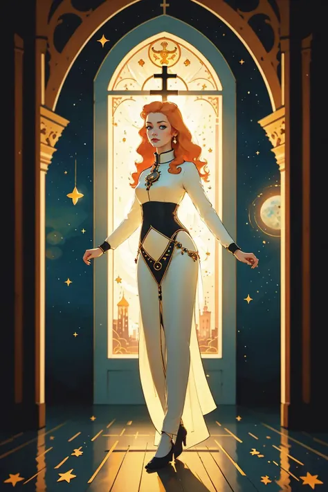 painting of a girl with long ginger hair in front of a church window, a cultural costume dress, a modest white tobe of a princess, a holy, saint, priestess
1girl, looking at the viewer, female focus, tall, realistic, /full-body/
castle, sky, night sky, moon, red planets, stars, bokeh, vivid colours, cosplay photo, depth of field, looking at the viewer, motion blur,
<lora:PZH_tarot_electronic:1>