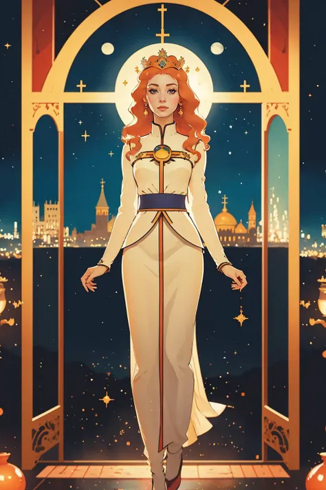 painting of a girl with long ginger hair in front of a church window, a cultural costume dress, a modest white tobe of a princess, a holy, saint, priestess
1girl, looking at the viewer, female focus, tall, realistic, /full-body/
castle, sky, night sky, moon, red planets, stars, bokeh, vivid colours, cosplay photo, depth of field, looking at the viewer, motion blur,
<lora:PZH_tarot_electronic:1>