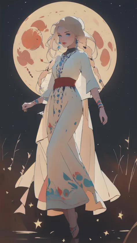 splatter, drawing of a woman dancing, gypsy, glitter and stars on her (long blond braid) in front of a full moon with blue splots, circle, crescent moon, full moon, doncing, tibetian fashion, long skirt, colourful, woman focus, moon, moonlight, night, night sky, planet, red moon, sky, solo, sun, bare foot, swirling, (best quality:1.27), (masterpiece:1.27), (highres:1.20) (digital illustration:1.20), (manga-art:1.25), detailed face, eyes and hands, <lora:绪å¿-æ°ææé¥° National costume:1>