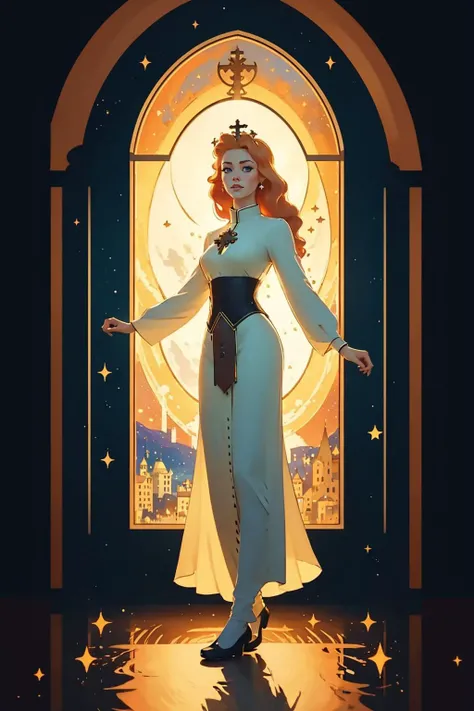 painting of a girl with long ginger hair in front of a church window, a cultural costume dress, a modest white tobe of a princess, a holy, saint, priestess
1girl, looking at the viewer, female focus, tall, realistic, /full-body/
castle, sky, night sky, moon, red planets, stars, bokeh, vivid colours, cosplay photo, depth of field, looking at the viewer, motion blur,
<lora:PZH_tarot_electronic:1>