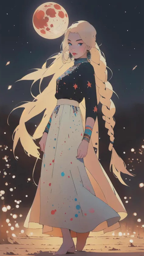 splatter, drawing of a woman dancing, gypsy, glitter and stars on her (long blond braid) in front of a full moon with blue splots, circle, crescent moon, full moon, doncing, tibetian fashion, long skirt, colourful, woman focus, moon, moonlight, night, night sky, planet, red moon, sky, solo, sun, bare foot, swirling, (best quality:1.27), (masterpiece:1.27), (highres:1.20) (digital illustration:1.20), (manga-art:1.25), detailed face, eyes and hands, <lora:绪å¿-æ°ææé¥° National costume:1>