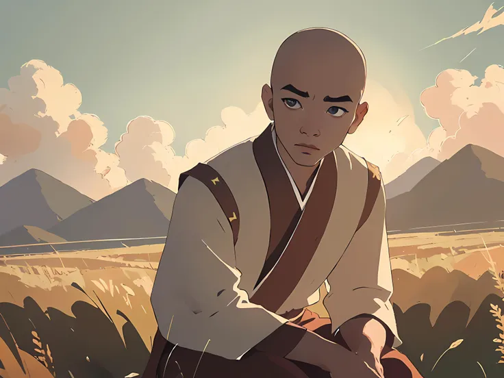 masterpiece, best quality, highres, ultra high res,anime,1 boy,Baldheaded ,morning,cinematic lighting,looking sideways,monk,outdoor,upper body,hairpin,chinese clothes style,robe,pants,grassland,grass,thin body,round face,details eyes,details lips,medium waist,medium thighs,barefoot