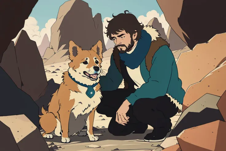 photo of a man kneeling in rocky environment, wearing fur and blue scarf, with his very hairy poofy fat dog, long haired tiny shaggy fat dog,