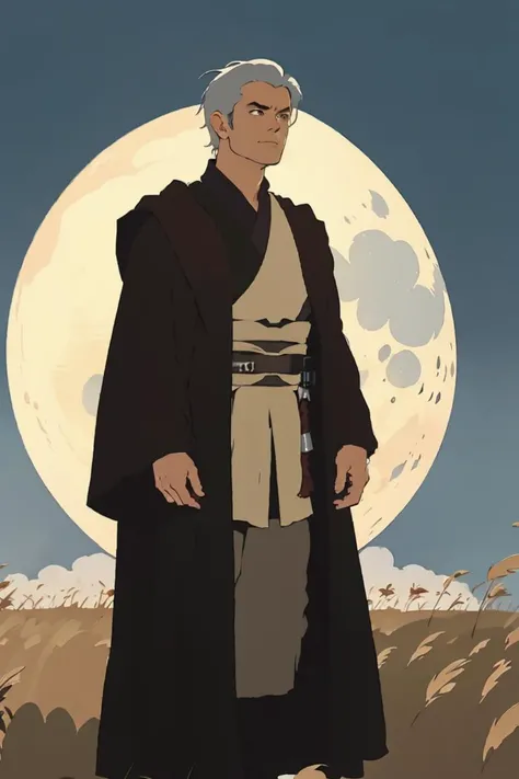 Man with silver hair, in front of a full moon in a field of hay, with dark robe. <lora:jedi:0.8> jedi outfit, outfit