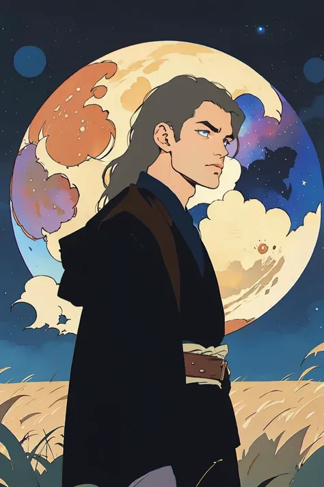 close-up, Poster of epic Man with long silver hair, in front of a full moon in a field of hay, with a dark robe. <lora:jedi:0.8> (best quality:1.27), (masterpiece:1.27), (highres:1.20) (digital illustration:1.20), (manga-art:1.25) Pretty boy, young man, <lora:PrettyBoyV2:0.8> Caucasian, Pretty Boy, moon, sunset, stars, galaxy, nevula, aurelia Borealis, facing viewer, intense eyes,