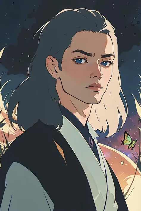 close-up, Poster of epic Man with long silver hair, in front of a full moon in a field of hay, with a dark robe. <lora:jedi:0.8> (best quality:1.27), (masterpiece:1.27), (highres:1.20) (digital illustration:1.20), (manga-art:1.25) Pretty boy, young man, <lora:PrettyBoyV2:0.8> Caucasian, pale, Pretty Boy, moon, sunset, stars, galaxy, nevula, aurelia Borealis, facing viewer, intense eyes, sun, glowing, glow butterflies, fireflies, magic,