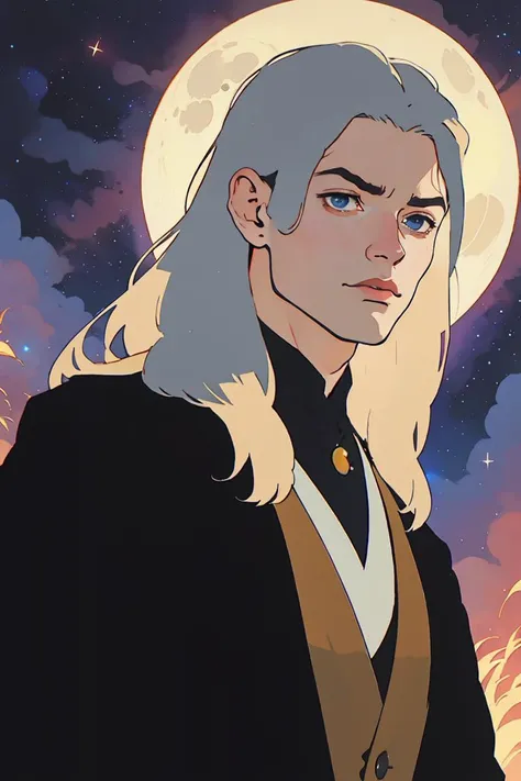 close-up, Poster of epic Man with long silver hair, in front of a full moon in a field of hay, with a dark robe. <lora:jedi:0.7> (best quality:1.27), (masterpiece:1.27), (highres:1.20) (digital illustration:1.20), (manga-art:1.25) Pretty boy, young man, <lora:PrettyBoyV2:0.8> Caucasian, pale, Pretty Boy, moon, sunset, stars, galaxy, nebula, aurelia Borealis, facing viewer, intense eyes, sun, glowing, glow butterflies, fireflies, magic, male focus,