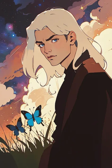 close-up, Poster of epic Man with long silver hair, in front of a full moon in a field of hay, with a dark robe. <lora:jedi:0.8> (best quality:1.27), (masterpiece:1.27), (highres:1.20) (digital illustration:1.20), (manga-art:1.25) Pretty boy, young man, <lora:PrettyBoyV2:0.8> Caucasian, pale, Pretty Boy, moon, sunset, stars, galaxy, nebula, aurelia Borealis, facing viewer, intense eyes, sun, glowing, glow butterflies, fireflies, magic, male focus,