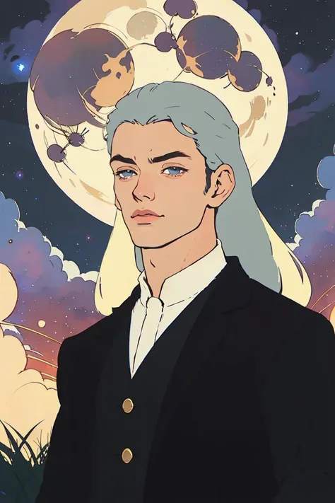 close-up, Poster of epic Man with long silver hair, in front of a full moon in a field of hay, with a dark robe. <lora:jedi:0.8> (best quality:1.27), (masterpiece:1.27), (highres:1.20) (digital illustration:1.20), (manga-art:1.25) Pretty boy, young man, <lora:PrettyBoyV2:0.8> Caucasian, pale, Pretty Boy, moon, sunset, stars, galaxy, nebula, aurelia Borealis, facing viewer, intense eyes, sun, glowing, glow butterflies, fireflies, magic, male focus,