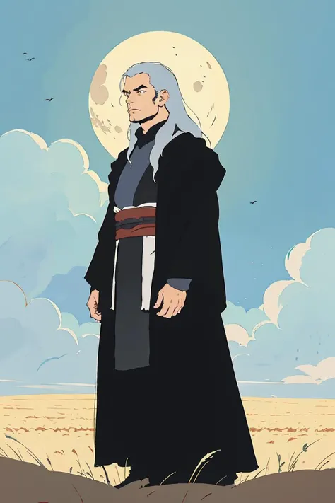 Poster of epic Man with long silver hair, in front of a full moon in a field of hay, with dark robe. <lora:jedi:0.8> (best quality:1.27), (masterpiece:1.27), (highres:1.20) (digital illustration:1.20), (manga-art:1.25)