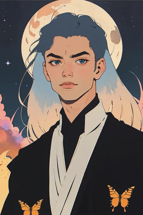 close-up, Poster of epic Man with long silver hair, in front of a full moon in a field of hay, with a dark robe. <lora:jedi:0.8> (best quality:1.27), (masterpiece:1.27), (highres:1.20) (digital illustration:1.20), (manga-art:1.25) Pretty boy, young man, <lora:PrettyBoyV2:0.8> Caucasian, pale, Pretty Boy, moon, sunset, stars, galaxy, nevula, aurelia Borealis, facing viewer, intense eyes, sun, glowing, glow butterflies, fireflies, magic,