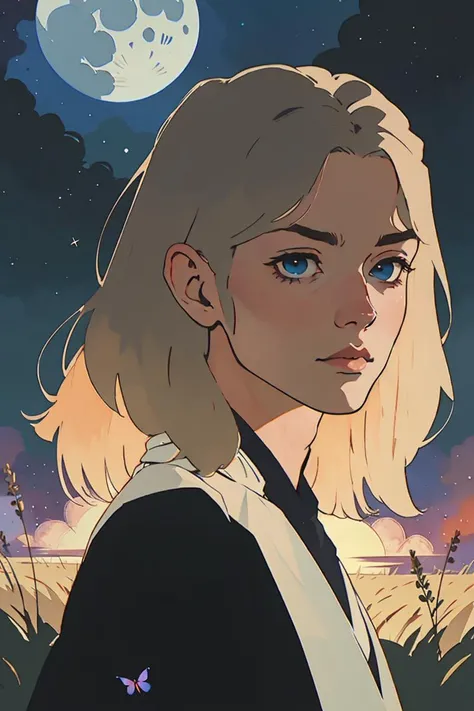 close-up, Poster of epic Man with long silver hair, in front of a full moon in a field of hay, with a dark robe. <lora:jedi:0.8> (best quality:1.27), (masterpiece:1.27), (highres:1.20) (digital illustration:1.20), (manga-art:1.25) Pretty boy, young man, <lora:PrettyBoyV2:0.8> Caucasian, pale, Pretty Boy, moon, sunset, stars, galaxy, nevula, aurelia Borealis, facing viewer, intense eyes, sun, glowing, glow butterflies, fireflies, magic,