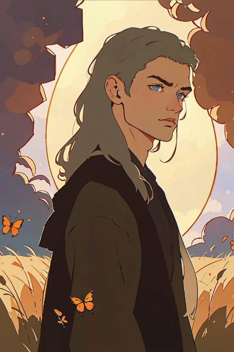 close-up, Poster of epic Man with long silver hair, in front of a full moon in a field of hay, with a dark robe. <lora:jedi:0.8> (best quality:1.27), (masterpiece:1.27), (highres:1.20) (digital illustration:1.20), (manga-art:1.25) Pretty boy, young man, <lora:PrettyBoyV2:0.8> Caucasian, pale, Pretty Boy, moon, sunset, stars, galaxy, nevula, aurelia Borealis, facing viewer, intense eyes, sun, glowing, glow butterflies, fireflies, magic,