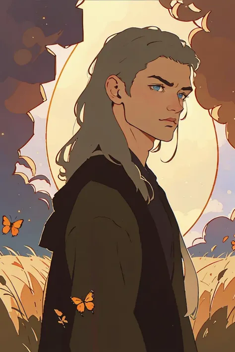 close-up, Poster of epic Man with long silver hair, in front of a full moon in a field of hay, with a dark robe. <lora:jedi:0.8>   (best quality:1.27), (masterpiece:1.27), (highres:1.20) (digital illustration:1.20), (manga-art:1.25) Pretty boy, young man,  <lora:PrettyBoyV2:0.8> Caucasian, pale, Pretty Boy, moon, sunset, stars, galaxy, nevula, aurelia Borealis,  facing viewer, intense eyes, sun, glowing, glow butterflies, fireflies, magic,