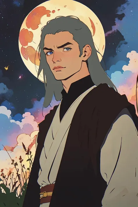 close-up, Poster of epic Man with long silver hair, in front of a full moon in a field of hay, with a dark robe. <lora:jedi:0.8> (best quality:1.27), (masterpiece:1.27), (highres:1.20) (digital illustration:1.20), (manga-art:1.25) Pretty boy, young man, <lora:PrettyBoyV2:0.8> Caucasian, pale, Pretty Boy, moon, sunset, stars, galaxy, nebula, aurelia Borealis, facing viewer, intense eyes, sun, glowing, glow butterflies, fireflies, magic, male focus,