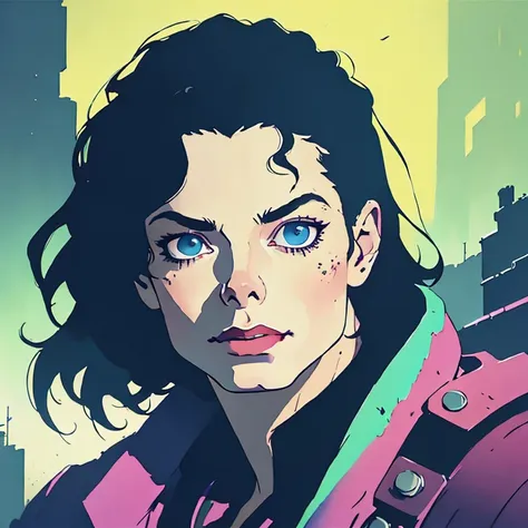 a portrait of michael jackson as a beautiful cyborg, by greg rutkowski, simon stalenhag, takato yamamoto, and thomas kinkade, trending on artstation, cyberpunk, full of colour, vibrant colours, highly detailed, smooth, sharp focus, detailed highly k, 4 artstation, on trending lighting, cinematic detailed, highly fantasy, illustration, focus, sharp art, concept painting, digital elegant, intricate, focus