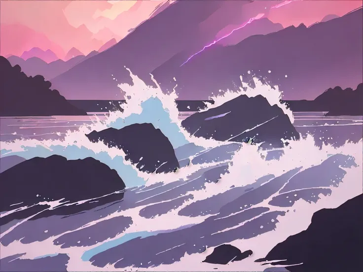 landscape of a Fierce River, at Sunset, Cel shaded, Black lighting, F/14, Technicolor