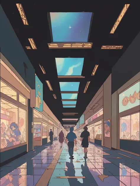 art by Mike Judge, (art by Sam Bosma:0.9) , anime key visual, Street level shot of a Dilapidated "Silent moments under the starry sky, a celestial serenade, connecting us to the vastness of the cosmos.", inside of a [Graceful:Scrumptious:10] Shopping mall, dungeon, Manic, specular lighting, geometric patterns