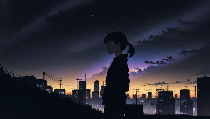 lofi, silhouette of girl, overlooking city, city lights, night, purple theme, calming, best quality, masterpiece, absurd res, high resolution, very detailed, trending on pixiv, octans,  <lora:[LoHa] Octanså«åå Stylev2:1> <lora:more_details:0.55>
