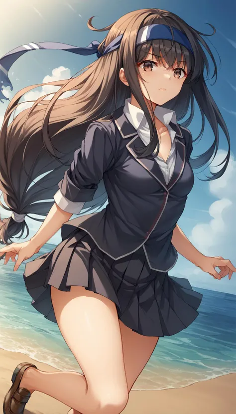 score_9, score_8_up, score_7_up, source_anime,game cg, <lora:hatsushimo:1>hatsushimokainiKC,brown eyes, long hair, shirt, school uniform,blazer, low-tied long hair, blue headband,black skirt,single thighhigh,flat breasts, ocean<lora:light_sharp_style_magin3.1:1>