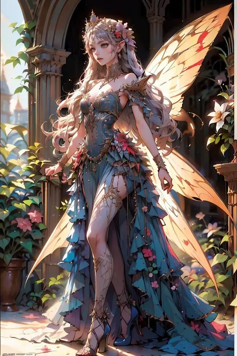 (masterpiece, best quality), 1girl, 22 years old, <lora:ButterflyQueen:0.7> queen of fairy, long dress with flowers,wings, high heel, high socks, earrings, necklace, flowers background,