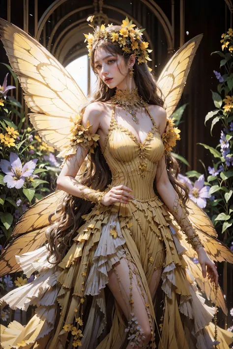 HDR,UHD,8K, best quality, masterpiece, Highly detailed, Studio lighting, physically-based rendering, 1girl, solo,
queen of fairy, long dress with flowers, (yellow dress), butterfly wings, with ornaments and flowers on top, high heel, high socks, earrings, necklace, flowers background, bokeh, 
<lora:ButterflyQueen:0.6>