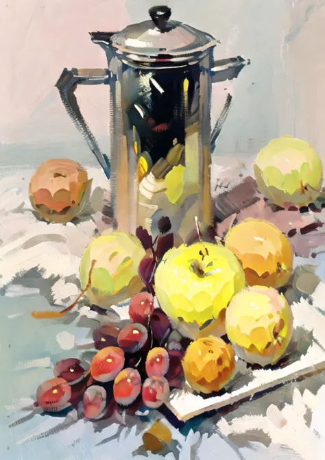 masterpiece,best quality,an apple,grapes,brushwork,lksecai,no humans,stainless steel kettle,streaky pork,<lora:lksecaiV2:0.9>,