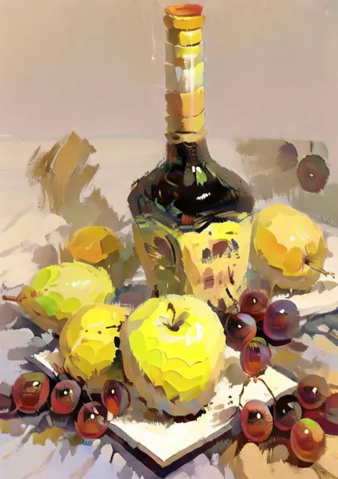 masterpiece,best quality,an apple,grapes,brushwork,lksecai,no humans,Soy sauce bottle,<lora:lksecaiV2:0.9>,