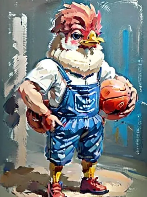 masterpiece,best quality,A chicken is standing next to a basketball. The chicken is wearing overalls,lksecai, <lora:lksecaiV2:0.9>