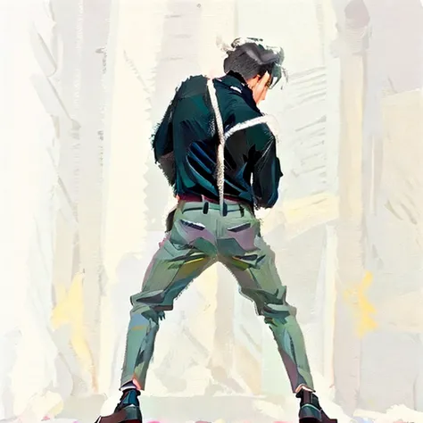 lksecai,brushwork,masterpiece,best quality,Back view of a man,black sweater, (gray slacks with a white back), dark gray hair, black leather shoes, <lora:lksecaiV2:0.9>