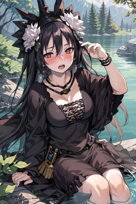 1girl, masterpiece, best quality, illustration, miracle tou, outdoors, forest, lake, sitting, on rocks, partially submerged, black dress, hair ornament, flower, cleavage, jewelry, looking at viewer, blush, open mouth, <lora:Miracle:0.7>