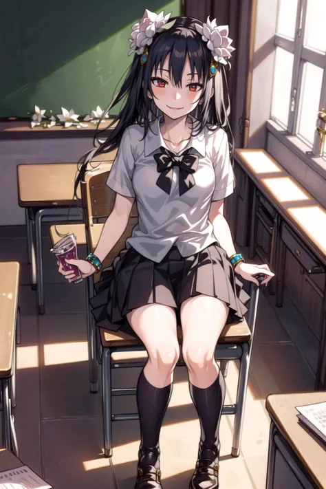1girl, masterpiece, best quality, illustration, miracle tou, classroom, sitting, on desk, full body, white school uniform, skirt, hair ornament, flower, jewelry, looking at viewer, smile, <lora:Miracle:0.7>