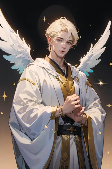 (absurdres, highres, ultra detailed), 1 male, adult, tall muscular, handsome, finely detailed eyes, intricate details, short hair, fantasy, complex pattern, detailed face, angel wings, lens flare, colorful, glow white particles, white robe, gold bracelets and accessories, prism, glowing, glitter, particles, bloom, likes to celebrate and have fun, enjoys nature, bright and optimistic outlook, creative and adventurous spirit, represents happiness and harmony
