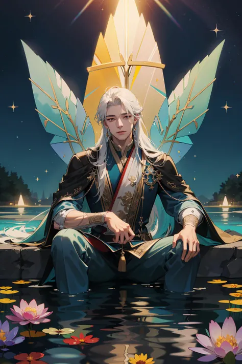 (absurdres, highres, ultra detailed), 1 male, adult, tall muscular, handsome, finely detailed eyes, intricate details, long hair, He floats on the water in a comfortable posture, a pond full of flowers, prism, many sparkling dust, glittering star, rainbow lights, Shining white particles, lens flare, colorful