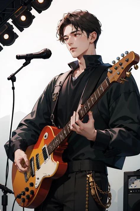 (absurdres, highres, ultra detailed), 1 male, adult, tall muscular, handsome, finely detailed eyes, intricate details, red eyes, Musician, Musical attire, Recording studio, Composing music, Performing live, Collaborating with other musicians