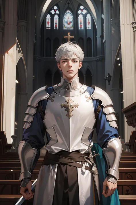 (absurdres, highres, ultra detailed), 1 male, adult, tall muscular, handsome, finely detailed eyes, intricate details, short silver hair, knight, armor, large sword, holy, cathedral, religious, sublime, battleground