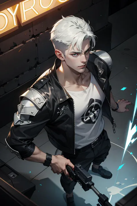 (absurdres, highres, ultra detailed), 1 male, adult, tall muscular, handsome, finely detailed eyes, intricate details, intricate details, very short hair, undercut, grunge, serious expression, big arms, dark, old leather jacket, white t-shirt, medieval dark leg armor pants, neon motion stream, glowing lights, Grenade Launcher weapon, bright white energy streams of lights, rim lighting, sf, Apocalypse, from above