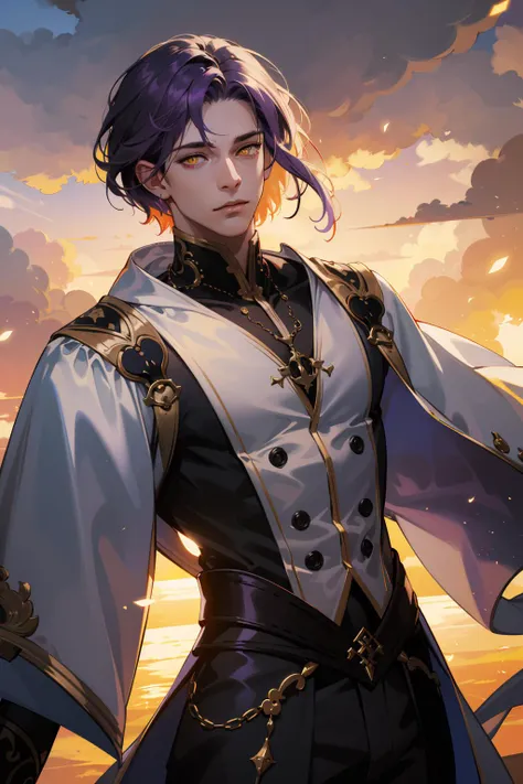 (absurdres, highres, ultra detailed), 1 male, adult, tall muscular, handsome, finely detailed eyes, intricate details, very short hair, violet hair, glowing yellow eyes, sunrise background, cinematic light, backlighting, glow white particles, lens flare, colorful, dusk, cloudy sky